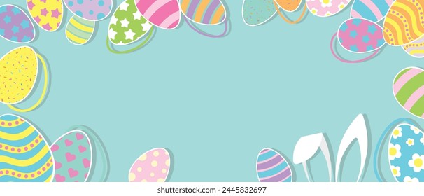 Happy Easter Vector Greeting Design Element. Bunnies, decorated and painted eggs. Flat style design in creative pastel colors