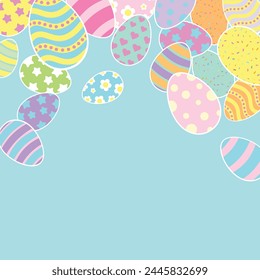 Happy Easter Vector Greeting Design Element. Bunnies, decorated and painted eggs. Flat style design in creative pastel colors