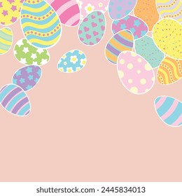 Happy Easter Vector Greeting Design Element. Bunnies, decorated and painted eggs. Flat style design in creative pastel colors