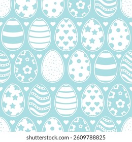 Happy Easter Vector Greeting Design Element. Decorative Easter Eggs Seamless Pattern. Decorated and painted eggs texture. Repeatable Endless Flat Style Design in Creative Pastel Colors. 