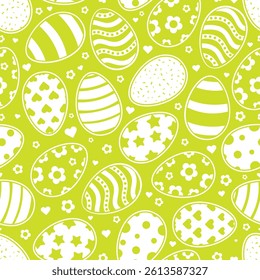 Happy Easter Vector Greeting Design Element. Decorative Easter Eggs Seamless Pattern. Decorated and painted eggs texture. Repeatable Endless Flat Style Design in Creative Neon Green Color.