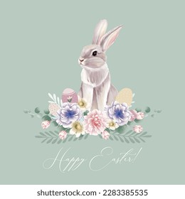 Happy easter! Vector hand drawn gouache illustrations of bunny, easter eggs, chick, frame and pattern for background, greeting card or poster