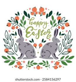 Happy Easter. Vector hand drawn floral greeting card with isolated symmetrical composition of rabbits, twigs, leaves and berries with lettering on a white background