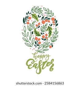 Happy Easter. Vector hand drawn floral greeting card with isolated composition of twigs, leaves and berries in the shape of an egg with lettering on a white background