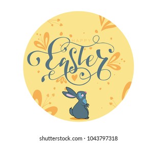 Happy Easter vector hand lettering sign with decoration elements and bunny