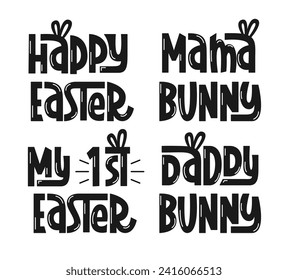 Frohe Ostervektor-Handschrift. Ostergrußquoten. Holiday Baby Slogan Mein erstes Ostern, Mama Bunny, Daddy Bunny.