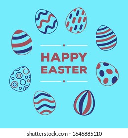 Happy Easter vector holiday banner. Colorful eggs frame isolated on light blue background.