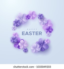 Happy Easter. Vector holiday illustration. Christian religious event. Easter sale banner with purple spring flowers garland. 3d paper sign