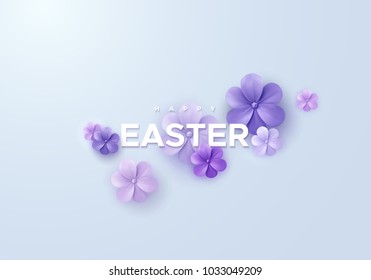 Happy Easter. Vector holiday illustration. Christian religious event. Easter sale banner with purple spring flowers.
