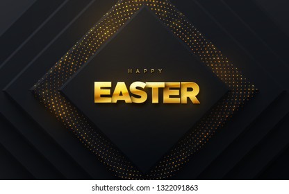 Happy Easter. Vector holiday illustration of golden sign on geometric background textured with glitters. Religious event banner. Modern cover design