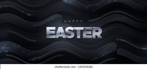 Happy Easter. Vector holiday illustration of silver sign on geometric black background textured with sparkling patterns. Cristian religion event. Festive banner. Modern cover design