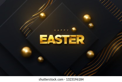 Happy Easter. Vector holiday illustration of golden sign on geometric black background textured with sparkling patterns. Cristian religion event. Festive banner. Modern cover design