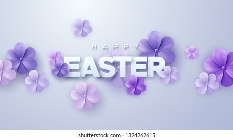 Happy Easter. Vector holiday illustration. Christian religious event. Easter sale banner with purple spring flowers.