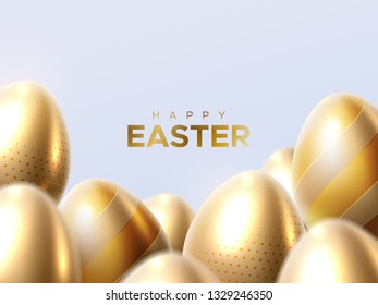 Happy Easter. Vector holiday illustration of golden easter eggs. Christian religion event. Festive banner with ornate realistic eggs. Modern cover design