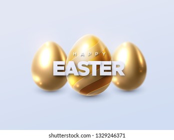 Happy Easter. Vector holiday illustration of white sign and shiny golden easter eggs. Christian religion event. Festive banner. Modern cover design