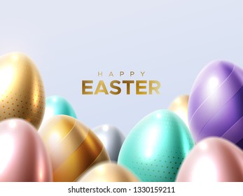 Happy Easter. Vector holiday illustration of colorful easter eggs. Christian religion event. Festive banner with ornate realistic eggs. Modern cover design