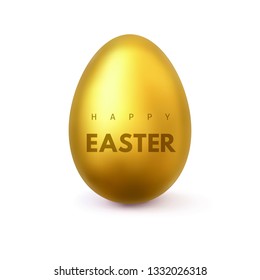 Happy Easter vector holiday illustration of golden realistic easter egg with inscription. Traditional Christian religious symbol. Gold 3d egg isolated on white background. Decor element for design