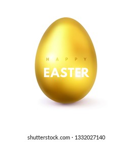 Happy Easter vector holiday illustration of golden realistic shiny easter egg with inscription. Traditional Christian religious symbol. Gold 3d egg isolated on white. Decor element for design