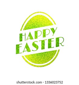 Happy Easter. Vector holiday illustration of easter egg from yellow green shiny metallic texture. Christian religious symbols. Glitter egg sticker isolated on white. Decoration element for design