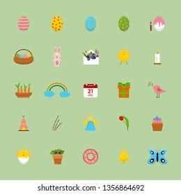 Happy Easter vector icon set. Spring design elements: bunny, bakery, carrot, egg, church, rainbow, calendar, candle, flowers, chick, present, bird, angel, bell. Icons are isolated on green background.