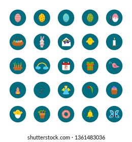 Happy Easter vector icon set. Spring design elements: bunny, bakery, carrot, egg, church, rainbow, calendar, candle, flowers, chick, present, bird, angel, bell. Icons are isolated on white background.