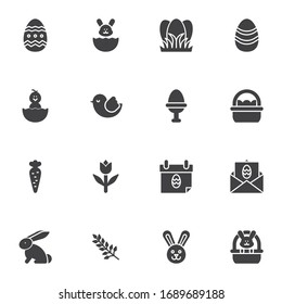 Happy Easter vector icons set, modern solid symbol collection, filled style pictogram pack. Signs, logo illustration. Set includes icons as egg decoration, calendar, rabbit, Easter eggs basket, chick