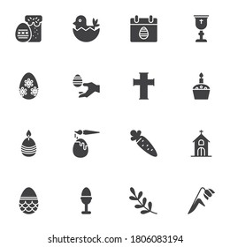 Happy Easter vector icons set, modern solid symbol collection, filled style pictogram pack. Signs, logo illustration. Set includes icons as calendar day, eggs, church, cake, flower, chicken 