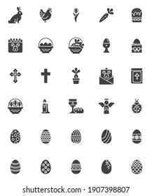 Happy Easter vector icons set, modern solid symbol collection, filled style pictogram pack. Signs logo illustration. Set includes icons - Easter egg, holy angel, egg basket, bunny, chicken, bible book