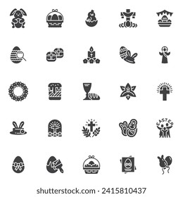 Juego de iconos del vector Happy Easter, colección moderna de símbolos sólidos, paquete de pictogramas estilo relleno. Señales, ilustración del logotipo. Set incluye iconos como conejo con huevos pintados, polluelo, canasta, Jesucristo