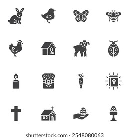 Happy Easter vector icons set, modern solid symbol collection, filled style pictogram pack. Signs, logo illustration. Set includes icons as bunny, chick, easter cake, holy bible, crucifix, eggs