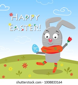 Happy Easter. Vector iilustration with rabbit. Bunny. Spring. Egg.