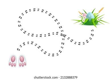 Imagen vector Happy Easter. 3.d unos bonitos y realistas pies de conejo y huellas animales que llevan a huevos con decoración festiva sobre nido de hierba verde con flores de margarita y paja aisladas en blanco