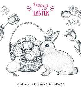 Happy Easter vector illustration. Basket of Easter eggs, cute bunny and baby chicken hand drawn sketch. Engraved style image.