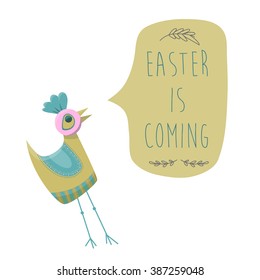 Happy Easter vector illustration of bird and talking bubble. You can write here your own text. Greeting card text templates. Happy easter lettering modern style.