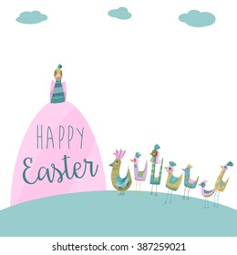 Happy Easter vector illustration of birds, hens and Easter egg. You can write here your own text.