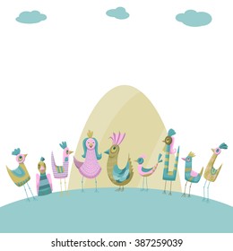 Happy Easter vector illustration of birds, hens and egg. Can be used for spring and easter cards, illustrations, ...