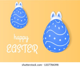 Happy Easter vector illustration, bunnies hiding behind the eggs, light yellow background
