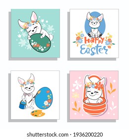 Happy easter vector illustration with bunnies, basket, easter eggs spring cards