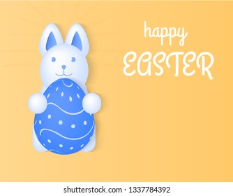 Happy easter vector illustration, bunny holding an egg, light yellow background