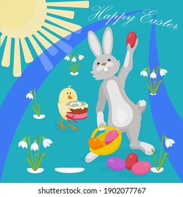 Happy Easter. Vector illustration with Easter bunny and chicken for animation.  In the paws of a rabbit, a basket with bright Easter eggs. A chicken holds an Easter cake.
