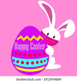 Happy Easter vector illustration with bunny wearing mask and holding egg with designs and text