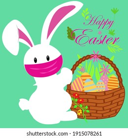 Happy Easter vector illustration bunny with mask and holding a basket full of eggs
