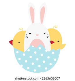 Happy Easter vector illustration. Bunny and chickens in an eggshell