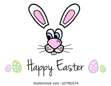 Happy Easter vector illustration with easter bunny, easter eggs and writing, doodle drawing with easter motive for cards, greetings or posters