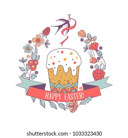 happy Easter! Vector illustration. Easter cake framed flower wreath.