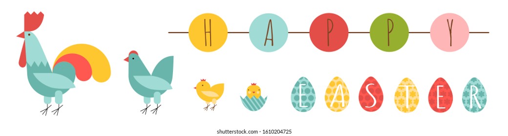 
Happy Easter. Vector illustration of a chicken family. Rooster, chicken, chickens, easter eggs and festive garland.  Beautiful spring colored concept for greeting cards and banners.