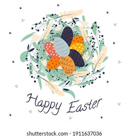 Feliz arte de un clip vectorial de Pascua. Un hermoso nido con plumas y huevos pintados de colores. Adecuado para postales, carteles, elementos de diseño.
