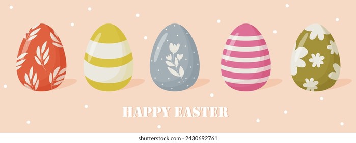 Happy Easter vector illustration. Collection of Easter eggs with different texture, blue, green, red color. International Spring Celebration Design for greeting cards, social media, invitation, decor