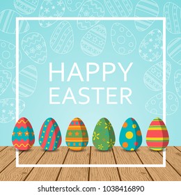 Happy Easter vector illustration, Colorful Easter eggs place on wooden table with eggs line icon on blue background and white square frame, Flat design