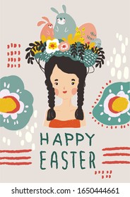 Happy Easter vector illustration, colorful hand drawn of girl with basket of Easter elements; bunny, egg and flowers. perfect for poster, greeting card, invitation card, etc.